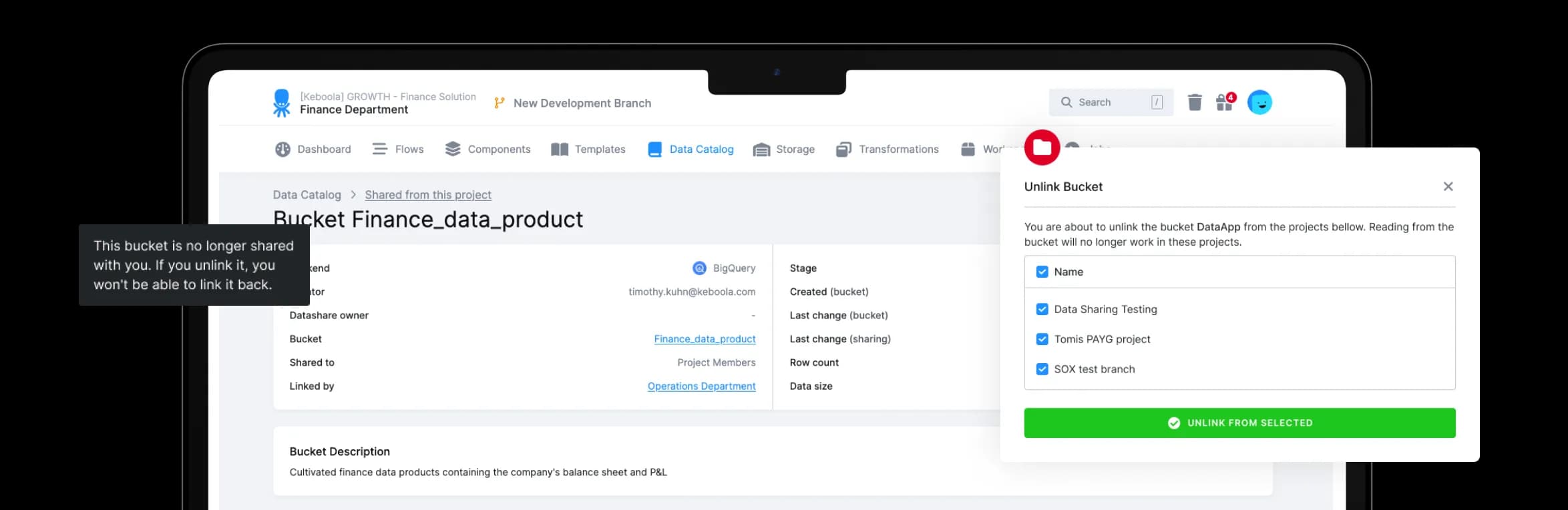 Keboola Data Catalog interface